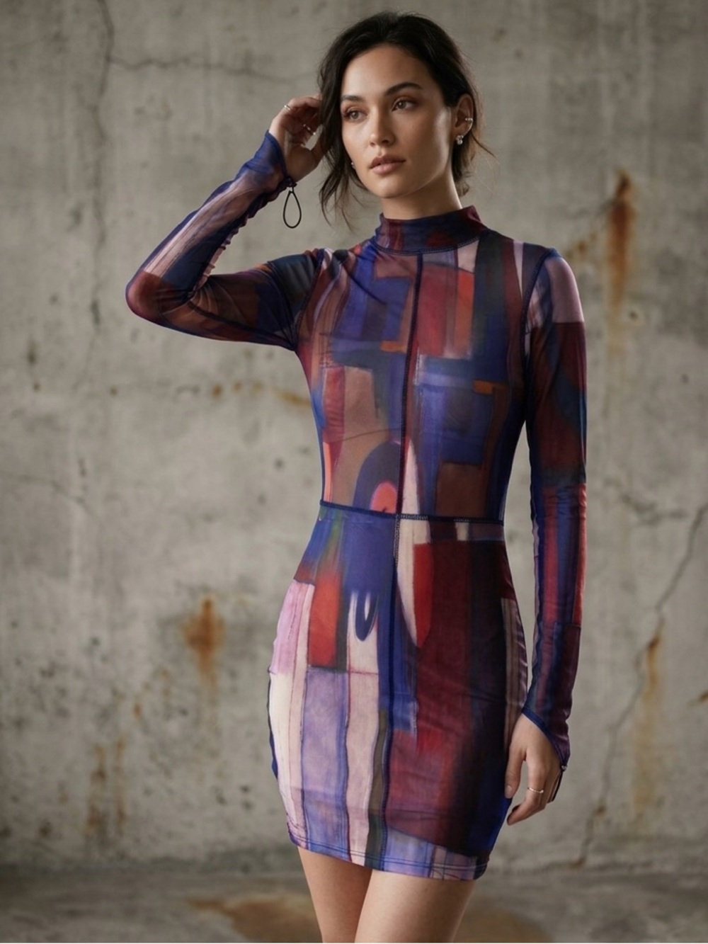 Multicolor Abstract Print Long Sleeve Mini shift Dress Extra SMALL - Picture 5 of 9